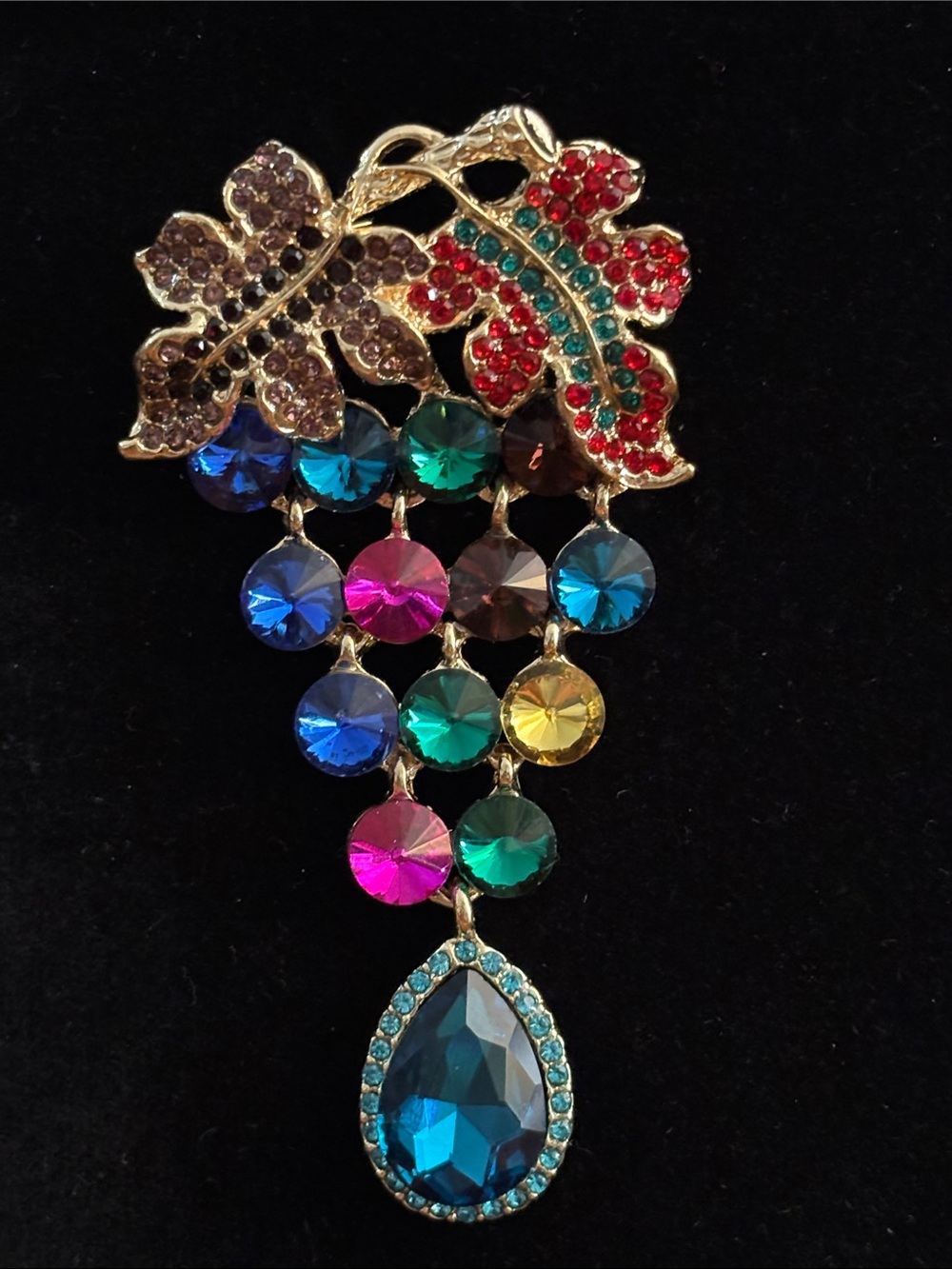 Multicolor Glass Crystal Leaf Dangle Brooch - Gold Tone